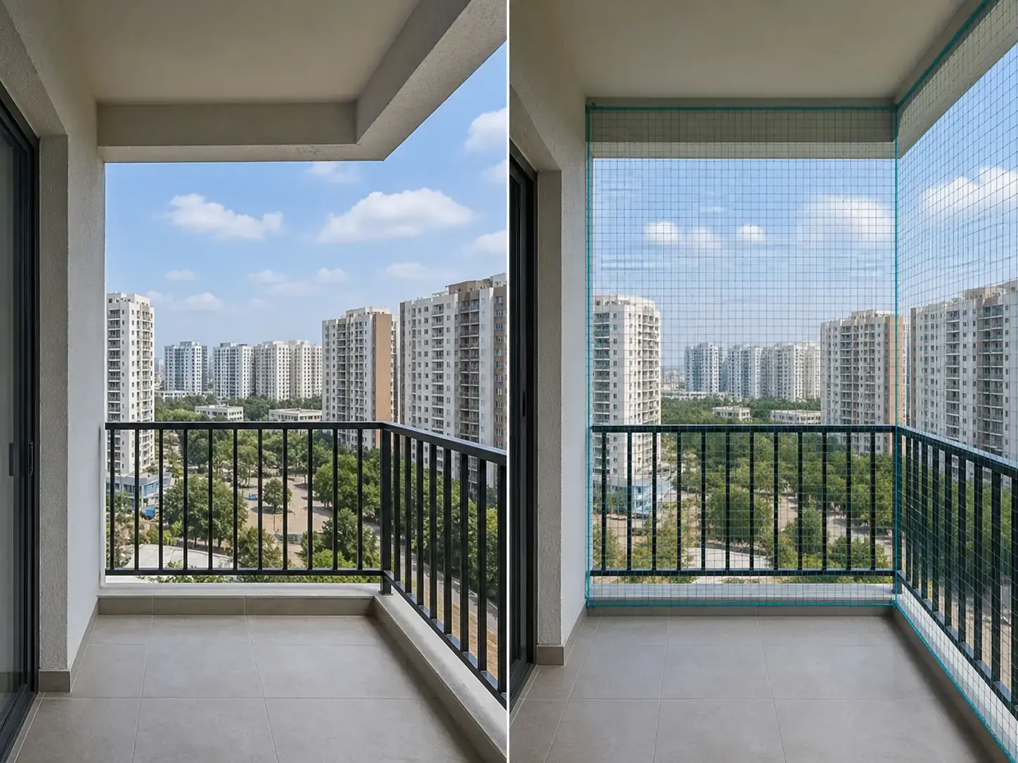 Balcony safety net before and after installation in a Bangalore apartment