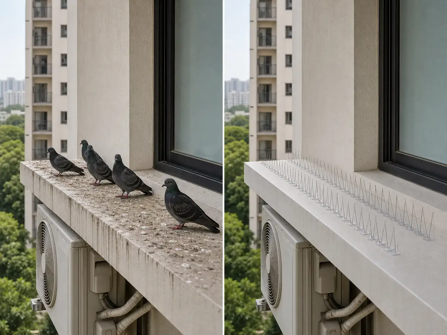 Bird spikes before and after installation on an AC ledge