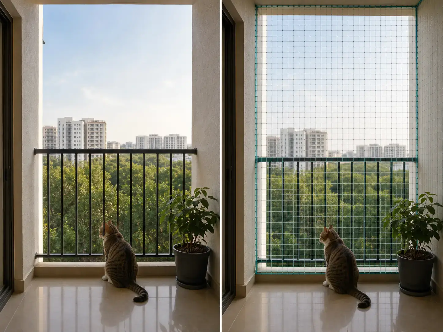 Cat safety net before and after installation on an apartment balcony