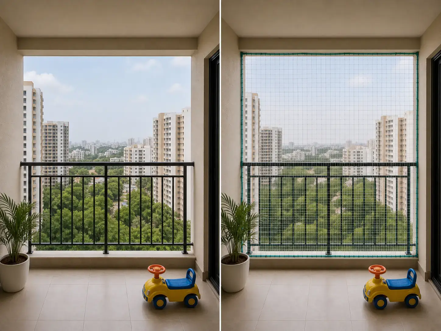Children safety net before and after installation on a balcony