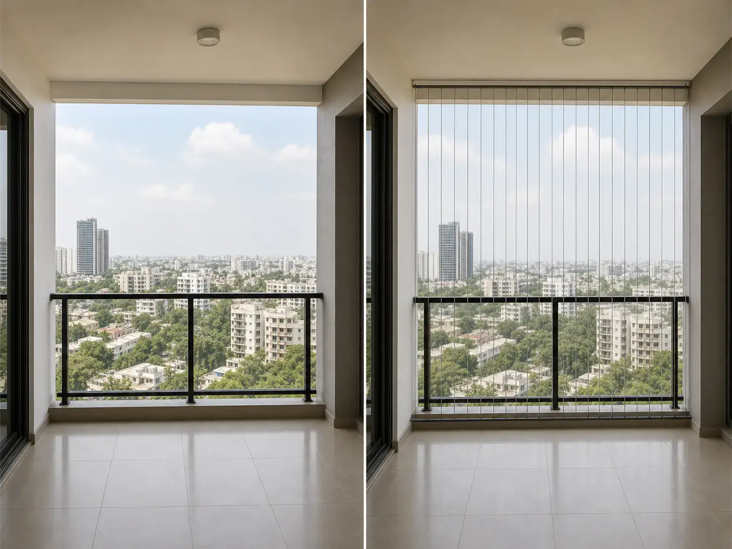 Invisible grill before and after installation on a high-rise balcony