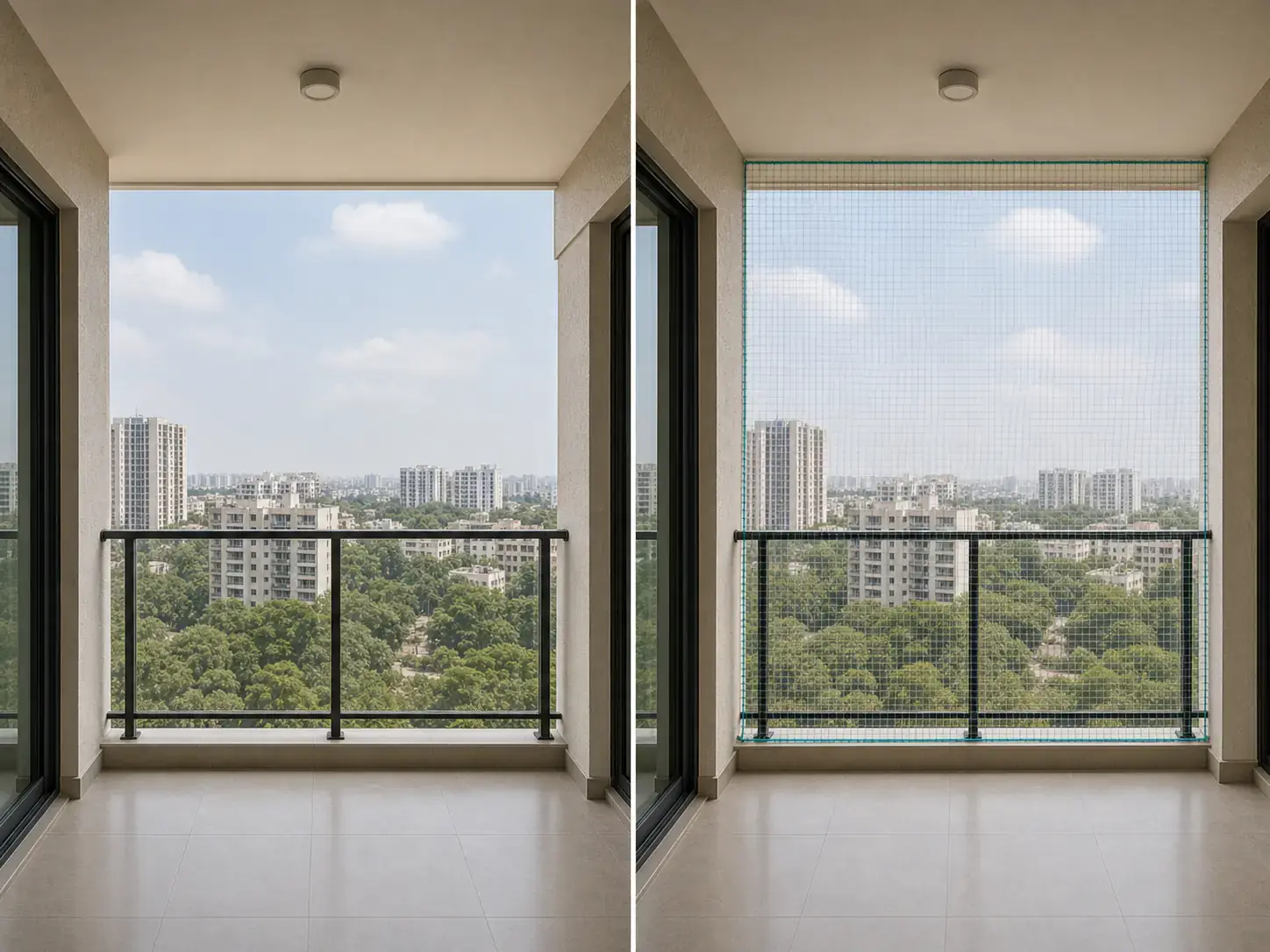 Invisible safety net before and after installation on a balcony
