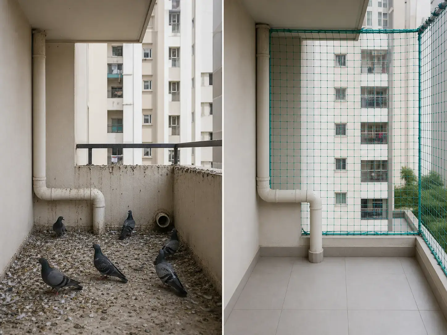 Pigeon safety net before and after installation on an apartment balcony