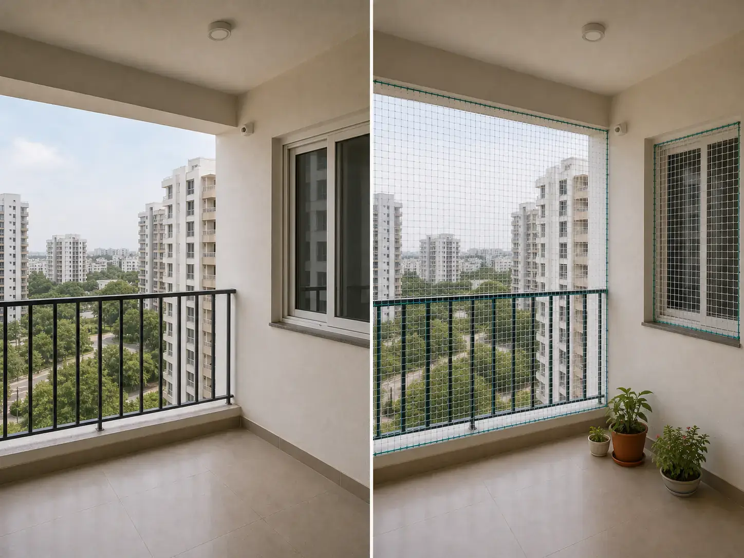 Residential safety nets before and after installation in a Bangalore home