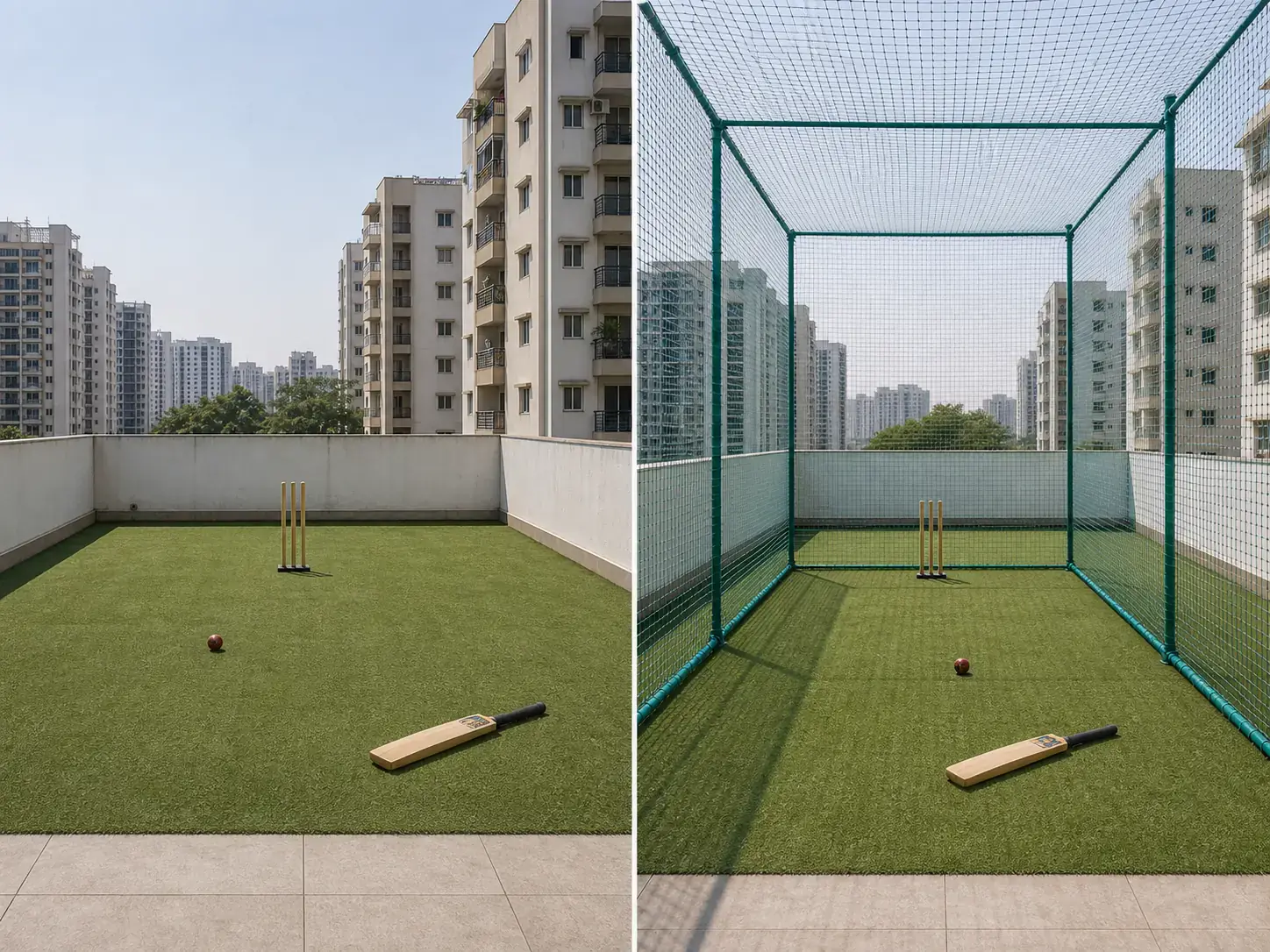 Sports safety net before and after installation around a play area
